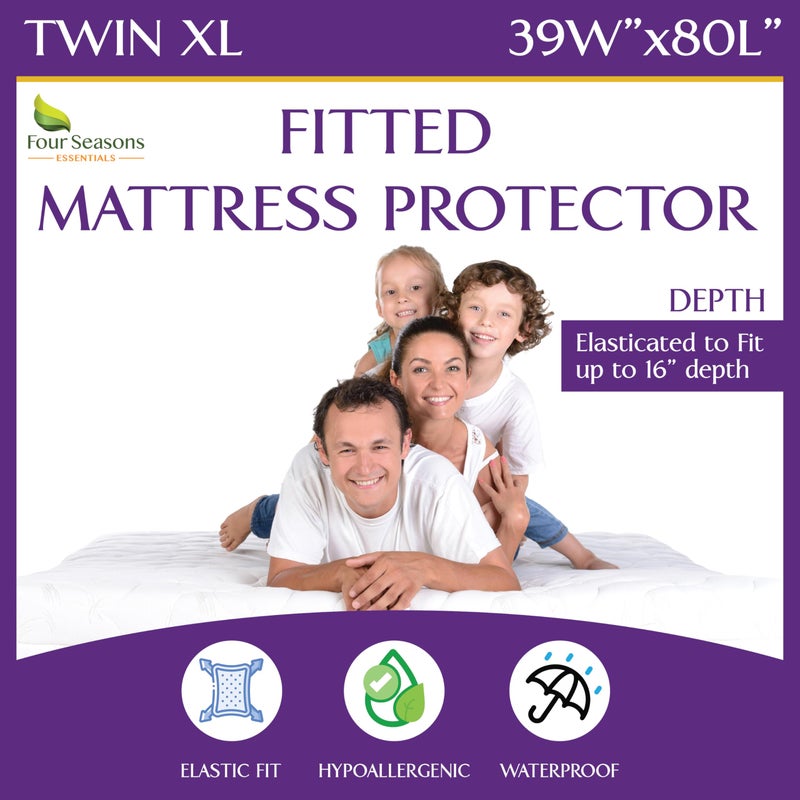 Four Seasons Essentials Twin Extra Long (XL) Waterproof Mattress Protector - Fitted Sheet Style - Hypoallergenic Premium Quality Cover Protects Against Dust - Image 1